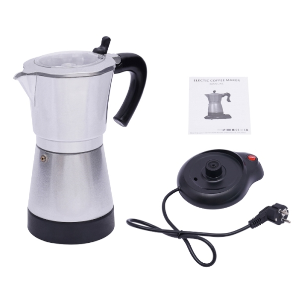 Machine à café Moka électrique en alliage d'aluminium 480W avec base, peut préparer six tasses à la fois, argent