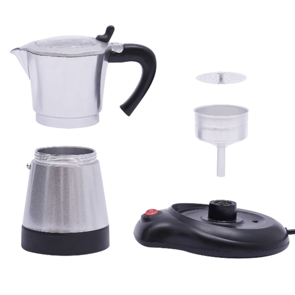 Machine à café Moka électrique en alliage d'aluminium 480W avec base, peut préparer six tasses à la fois, argent