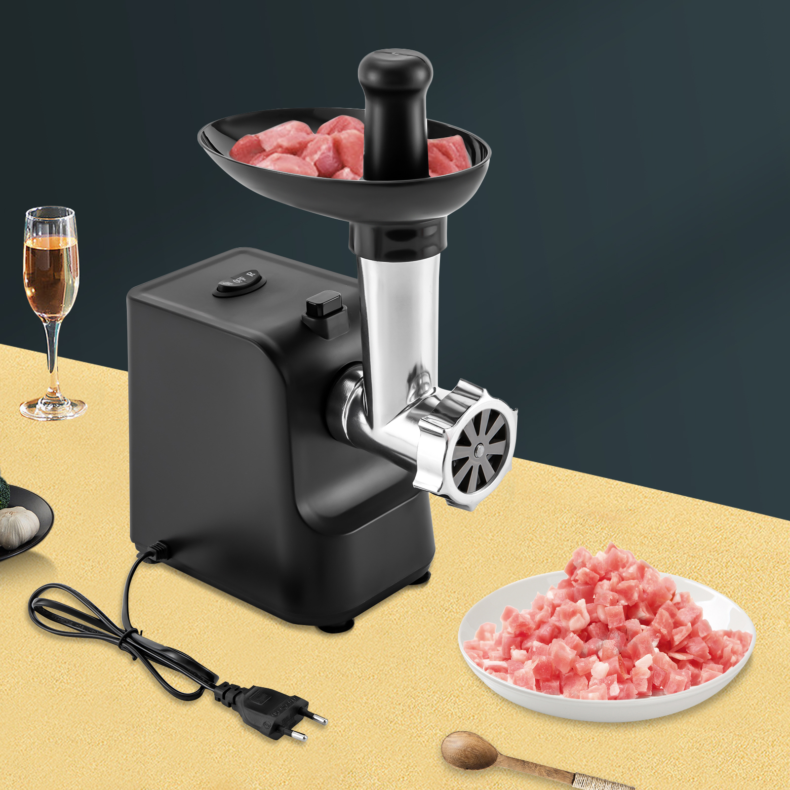 Hachoir à Viande électrique 2000W - 5 En 1 : Hachoir, Saucisse, Kebbeh, Légumes, Biscuits - Avec 3 Grilles, 4 Lames Et Accessoires