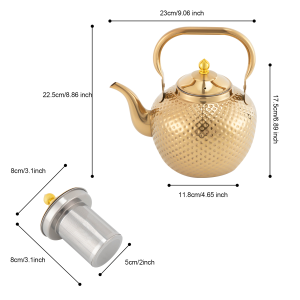 Théière en acier inoxydable avec filtre, avec poignée pour filtrer le thé, adaptée aux plaques à induction (2,0 litres, or) Théière en acier inoxydable avec filtre, avec poignée pour filtrer le thé, adaptée aux plaques à induction (2,0 litres, or)