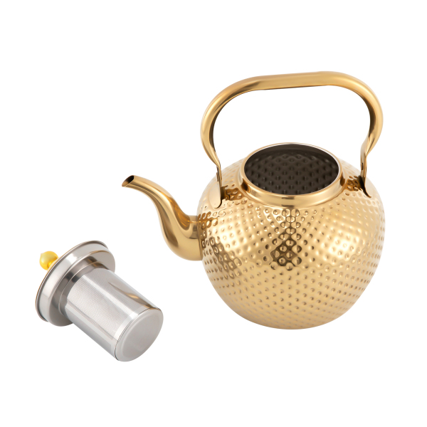 Théière en acier inoxydable avec filtre, avec poignée pour filtrer le thé, adaptée aux plaques à induction (2,0 litres, or) Théière en acier inoxydable avec filtre, avec poignée pour filtrer le thé, adaptée aux plaques à induction (2,0 litres, or)