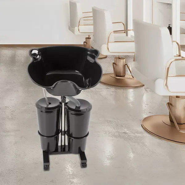 Lavabo de salon de coiffure portable, pivotant et réglable en hauteur avec 2 seaux et tuyaux de vidange pour coiffeurs et particuliers, noir