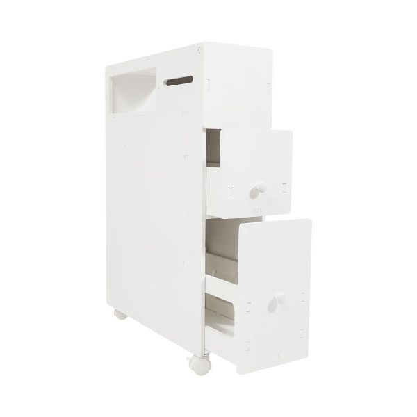 Meuble de toilette latéral blanc BG231, modèle moyen, meuble de salle de bain, étagère étroite, bac à roulettes