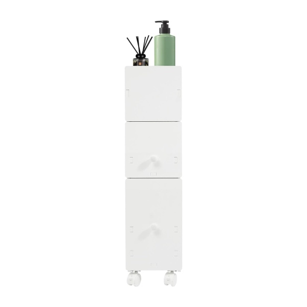 Meuble de toilette latéral blanc BG231, modèle moyen, meuble de salle de bain, étagère étroite, bac à roulettes