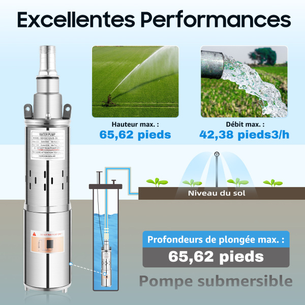 Pompe de puits profonde - 12 V - Solaire -  en acier inoxydable - 1,2 m³/h - Jusqu'à 20 m