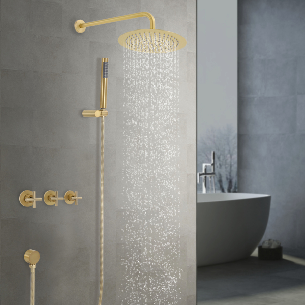 Ensemble de douche moderne, 25 cm, avec douchette à main, montage mural - Or brossé