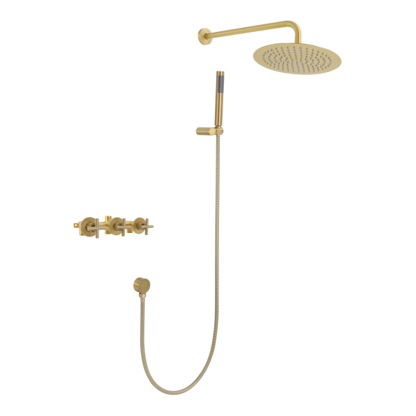 Ensemble de douche moderne, 25 cm, avec douchette à main, montage mural - Or brossé