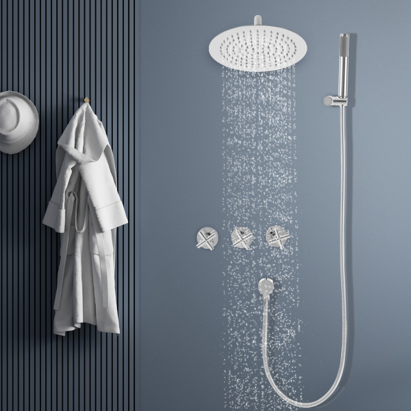 Ensemble de douche moderne, 25 cm, avec douchette à main, montage mural - Plaqué argent