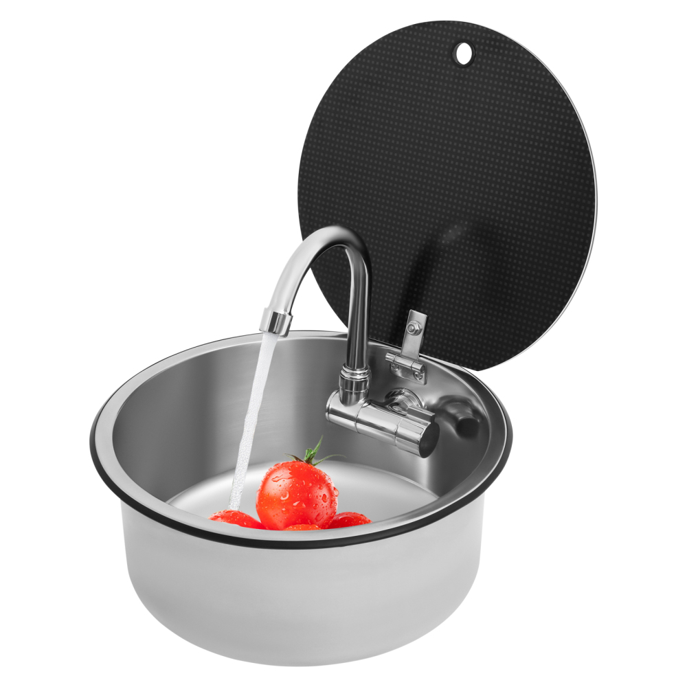 Évier de cuisine pour camping-car 340 x 340 mm, avec robinet rabattable, en acier inoxydable.
