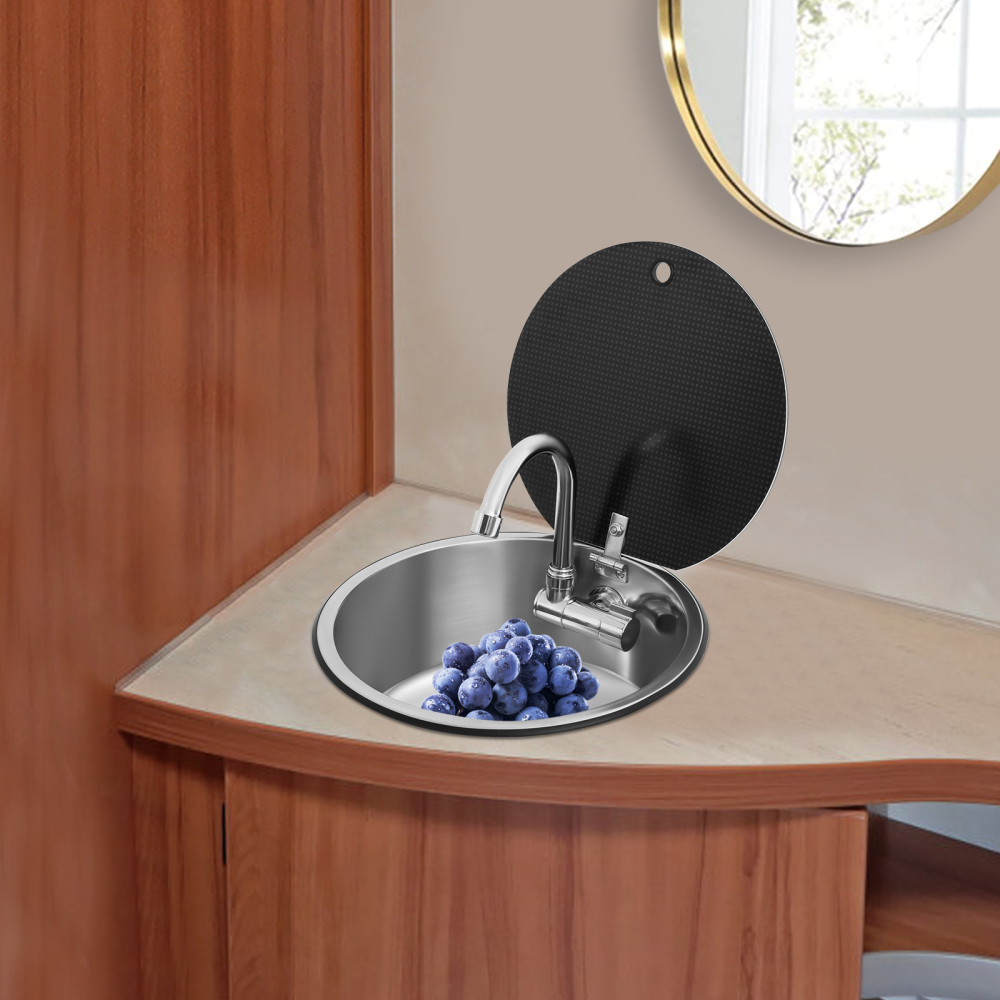 Évier de cuisine pour camping-car 340 x 340 mm, avec robinet rabattable, en acier inoxydable.