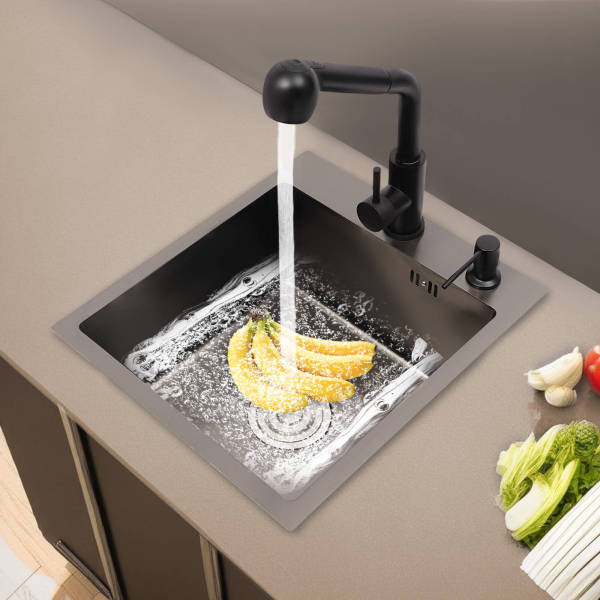 Évier de cuisine en acier inoxydable 40 x 45 cm avec robinet extractible, distributeur de savon et égouttoir - Kit complet, facile à nettoyer