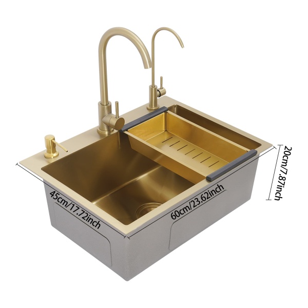 Évier doré 60x45 + ensemble de bonde + distributeur de savon doré + grand robinet incurvé doré + robinet purificateur d'eau doré + panier de vidange épais doré Évier doré 60x45 + ensemble de bonde + distributeur de savon doré + grand robinet incurvé doré + robinet purificateur d'eau doré + panier de vidange épais doré