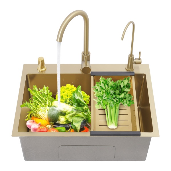 Évier doré 60x45 + ensemble de bonde + distributeur de savon doré + grand robinet incurvé doré + robinet purificateur d'eau doré + panier de vidange épais doré Évier doré 60x45 + ensemble de bonde + distributeur de savon doré + grand robinet incurvé doré + robinet purificateur d'eau doré + panier de vidange épais doré