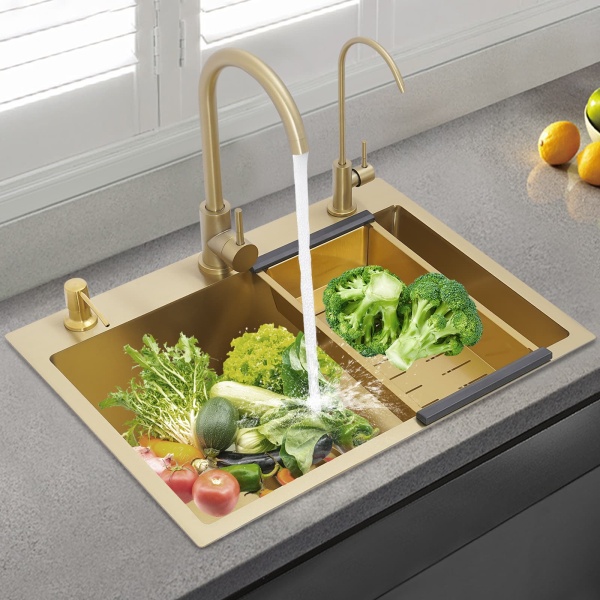 Évier doré 60x45 + ensemble de bonde + distributeur de savon doré + grand robinet incurvé doré + robinet purificateur d'eau doré + panier de vidange épais doré Évier doré 60x45 + ensemble de bonde + distributeur de savon doré + grand robinet incurvé doré + robinet purificateur d'eau doré + panier de vidange épais doré
