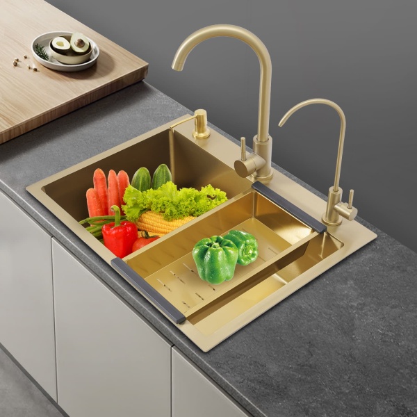 Évier doré 60x45 + ensemble de bonde + distributeur de savon doré + grand robinet incurvé doré + robinet purificateur d'eau doré + panier de vidange épais doré Évier doré 60x45 + ensemble de bonde + distributeur de savon doré + grand robinet incurvé doré + robinet purificateur d'eau doré + panier de vidange épais doré