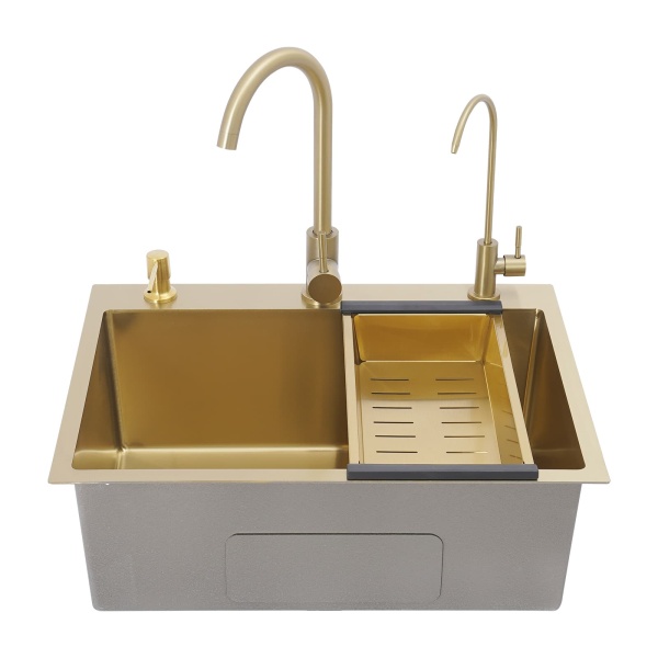 Évier doré 60x45 + ensemble de bonde + distributeur de savon doré + grand robinet incurvé doré + robinet purificateur d'eau doré + panier de vidange épais doré Évier doré 60x45 + ensemble de bonde + distributeur de savon doré + grand robinet incurvé doré + robinet purificateur d'eau doré + panier de vidange épais doré