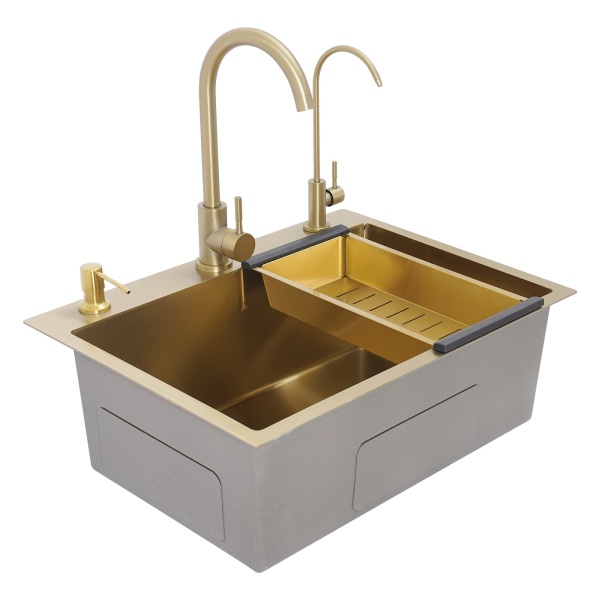 Évier doré 60x45 + ensemble de bonde + distributeur de savon doré + grand robinet incurvé doré + robinet purificateur d'eau doré + panier de vidange épais doré Évier doré 60x45 + ensemble de bonde + distributeur de savon doré + grand robinet incurvé doré + robinet purificateur d'eau doré + panier de vidange épais doré