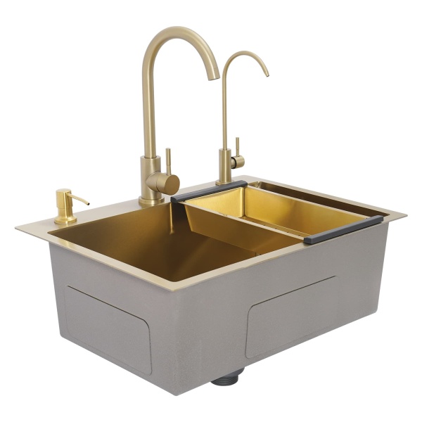 Évier doré 60x45 + ensemble de bonde + distributeur de savon doré + grand robinet incurvé doré + robinet purificateur d'eau doré + panier de vidange épais doré Évier doré 60x45 + ensemble de bonde + distributeur de savon doré + grand robinet incurvé doré + robinet purificateur d'eau doré + panier de vidange épais doré