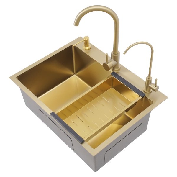 Évier doré 60x45 + ensemble de bonde + distributeur de savon doré + grand robinet incurvé doré + robinet purificateur d'eau doré + panier de vidange épais doré Évier doré 60x45 + ensemble de bonde + distributeur de savon doré + grand robinet incurvé doré + robinet purificateur d'eau doré + panier de vidange épais doré