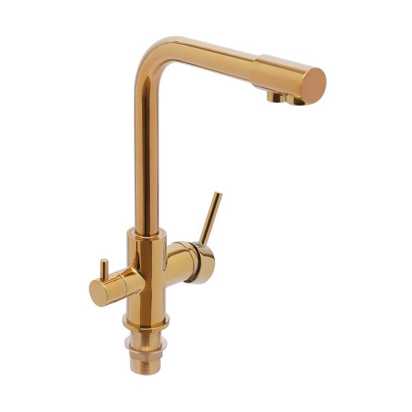 Robinet de cuisine, 3 voies, rotatif à 360°, double levier mélangeur pour filtre à eau, robinet d'eau potable, doré