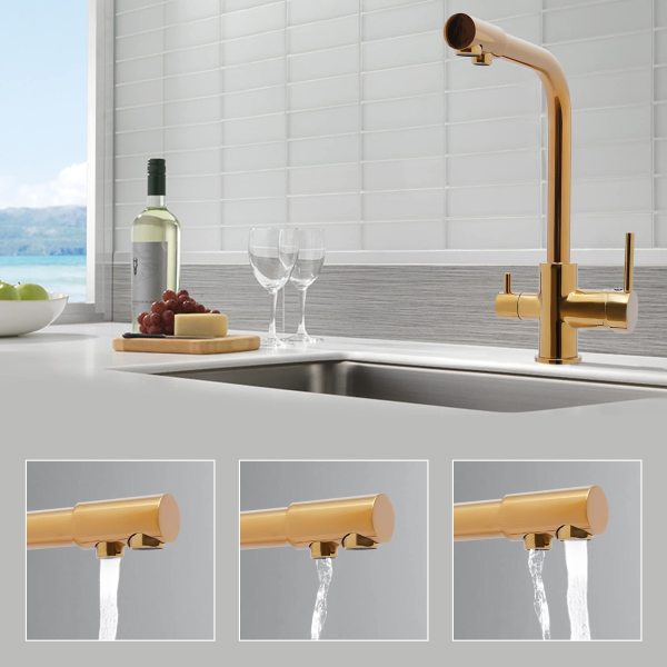 Robinet de cuisine, 3 voies, rotatif à 360°, double levier mélangeur pour filtre à eau, robinet d'eau potable, doré