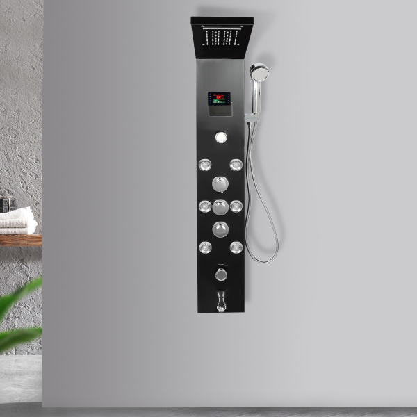 Panneau de douche LED, système de tour, affichage hydroélectrique, douche 6 fonctions pour salle de bain avec tête noire