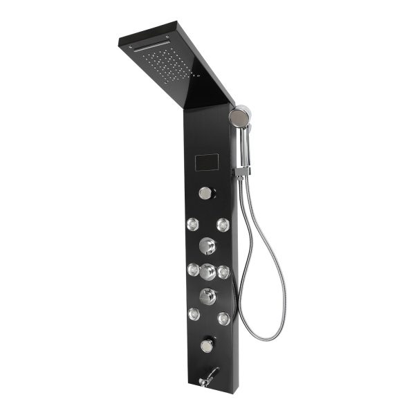 Panneau de douche LED, système de tour, affichage hydroélectrique, douche 6 fonctions pour salle de bain avec tête noire
