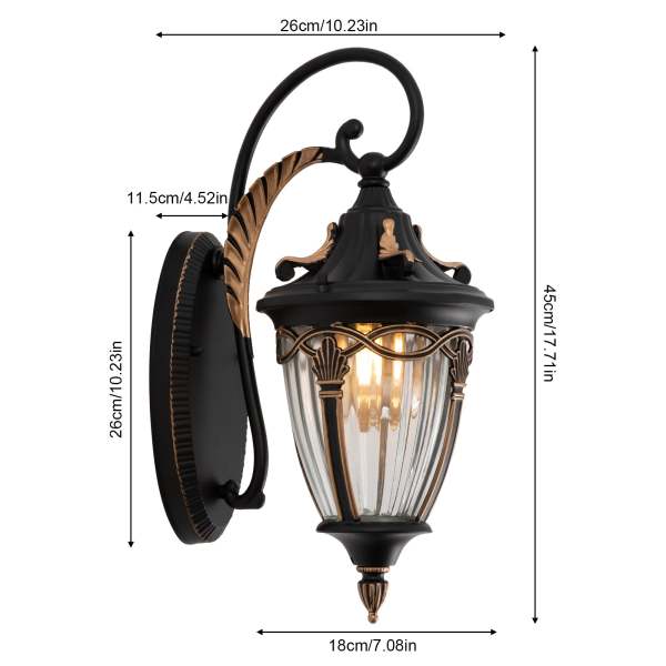 Appliques murales noires et dorées, luminaire mural extérieur de 20.87 pouces de hauteur, aluminium étanche avec verre