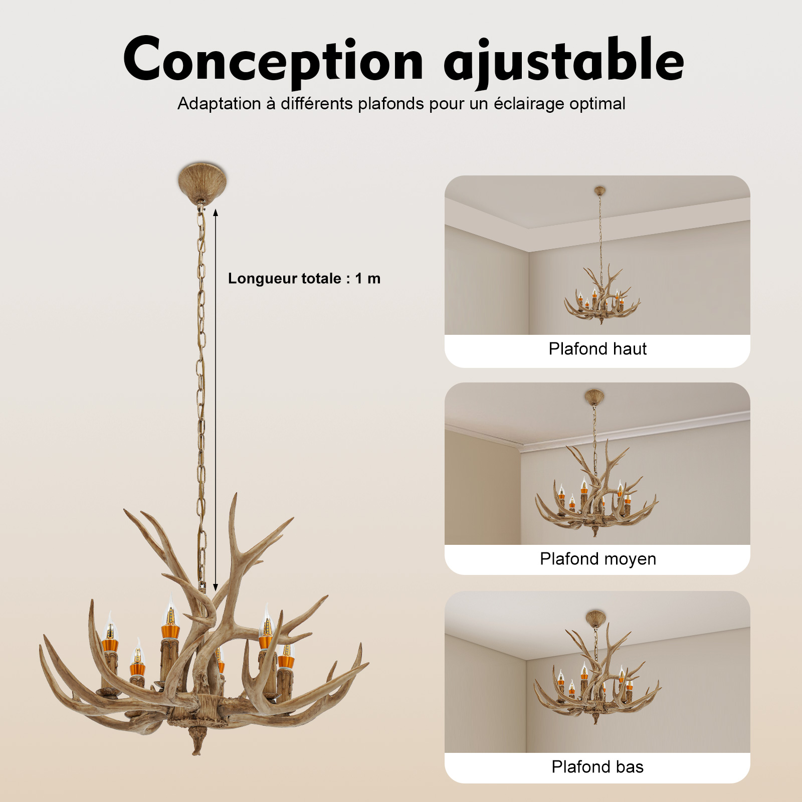 Lampe Rétro à 6 Têtes En Résine - Lustre Bois De Cerf Vintage - Suspension Plafonnier Ambiance