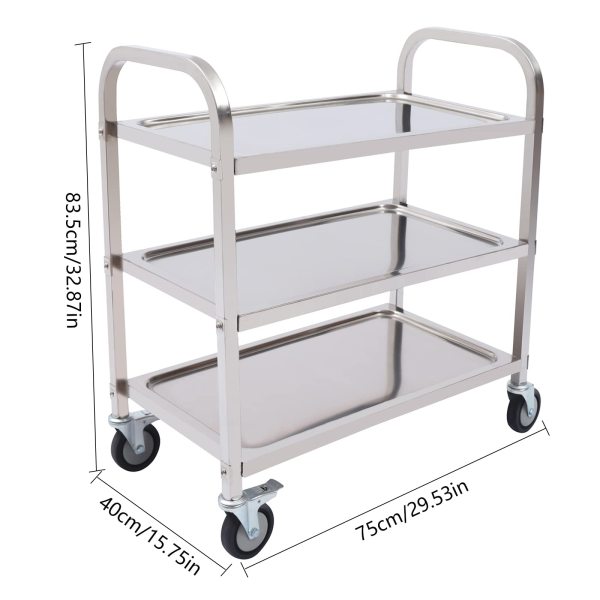 Chariot de restauration à 3 étages en acier inoxydable avec frein en acier inoxydable Taille S Chariot de restauration à 3 étages en acier inoxydable avec frein en acier inoxydable Taille S