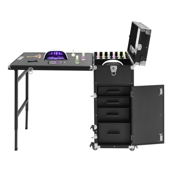 Table de manucure à roulettes, chariot de rangement pour cosmétiques, mallette de maquillage pour une utilisation en extérieur Table de manucure à roulettes, chariot de rangement pour cosmétiques, mallette de maquillage pour une utilisation en extérieur