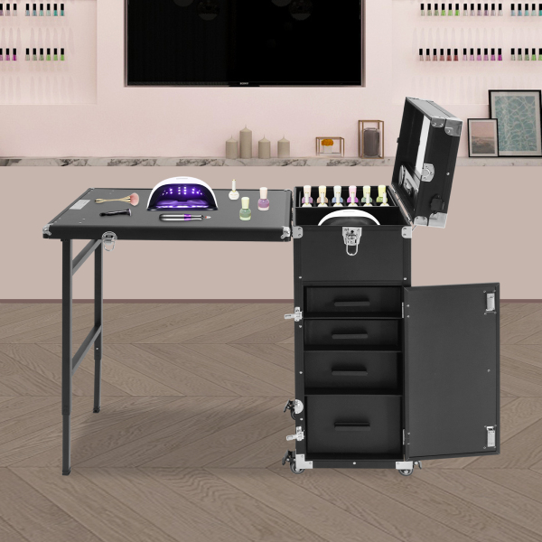 Table de manucure à roulettes, chariot de rangement pour cosmétiques, mallette de maquillage pour une utilisation en extérieur