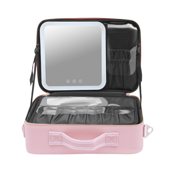 Trousse de toilette avec miroir et lumières 3 couleurs, trousse de toilette portable, organisateur, séparateurs réglables