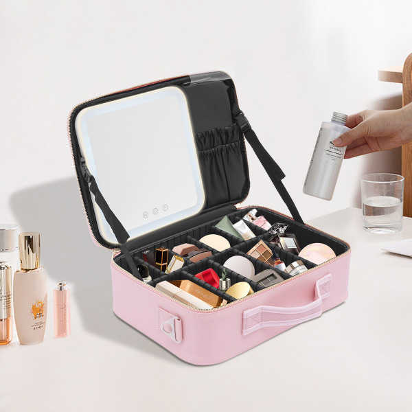 Trousse de toilette avec miroir et lumières 3 couleurs, trousse de toilette portable, organisateur, séparateurs réglables