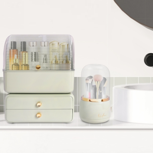 Ensemble 2 pièces de boîte de rangement pour cosmétiques (boîte de maquillage + tube de rangement pour pinceaux de maquillage) - vert