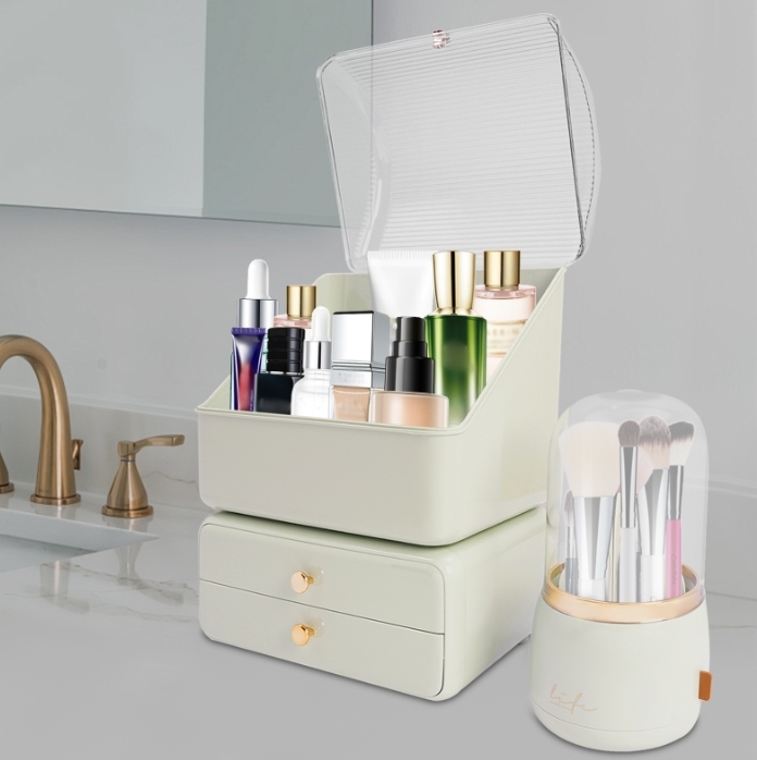 Ensemble 2 pièces de boîte de rangement pour cosmétiques (boîte de maquillage + tube de rangement pour pinceaux de maquillage) - vert