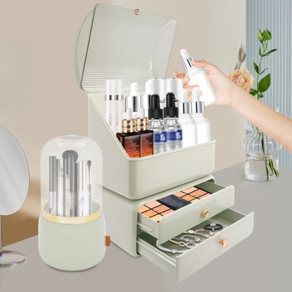 Ensemble 2 pièces de boîte de rangement pour cosmétiques (boîte de maquillage + tube de rangement pour pinceaux de maquillage) - vert