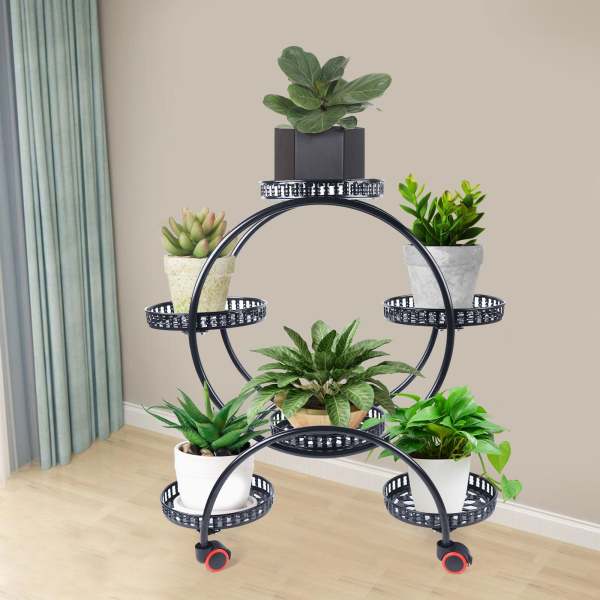 Lot de 6 pots de fleurs en métal noir, support en pot résistant de fleur de planteur de fer avec de grands plateaux avec roue pour salon, cour