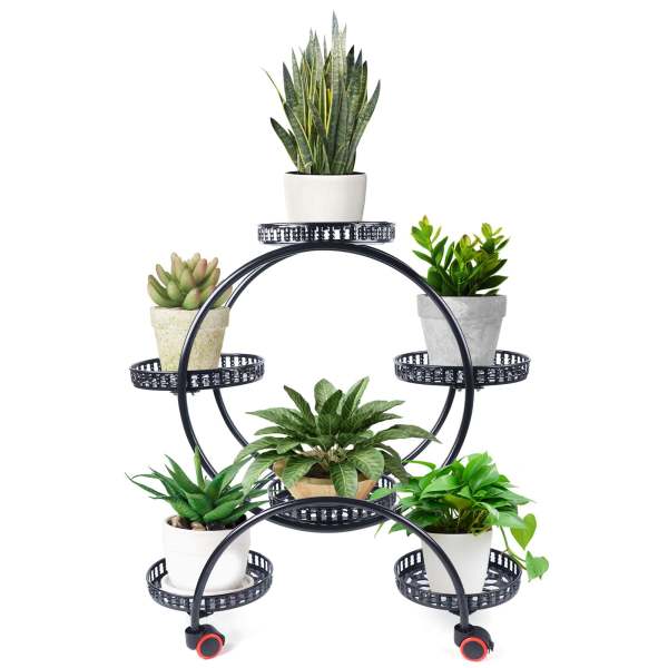 Lot de 6 pots de fleurs en métal noir, support en pot résistant de fleur de planteur de fer avec de grands plateaux avec roue pour salon, cour