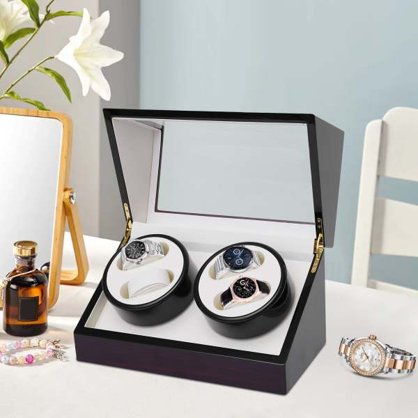 CNCEST Remontoir en bois pour montres automatiques - 4 boîtes à montres - Boîte de rangement pour lunettes - Présentation avec vitrine