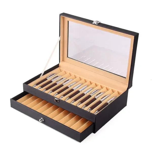 24/36 fentes stylo plume en cuir stylo porte-vitrine avec couvercle transparent stylo organisateur stockage collecteur boîte - 24 pens noir