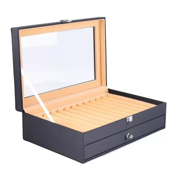 24/36 fentes stylo plume en cuir stylo porte-vitrine avec couvercle transparent stylo organisateur stockage collecteur boîte - 24 pens noir