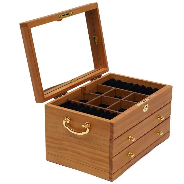 Boîte à bijoux en bois à 3 étages avec miroir Serrure et 3 tiroirs Marron 29 x 19 x 17 cm