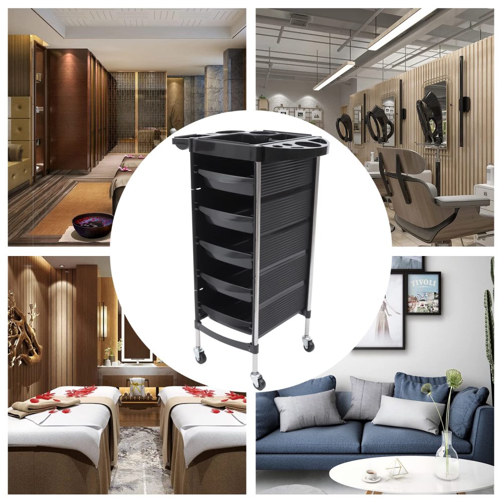 Chariot De Coiffeur Mobile Avec 5 Tiroirs - Charge Max 100 Kg, Roulettes 360°, Plateau Extensible, Noir