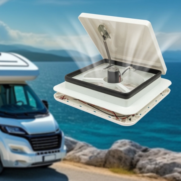 Ventilateur de toit camping-car 12V, commande par bouton, ouverture, 10 pales, couvercle blanc avec lumière