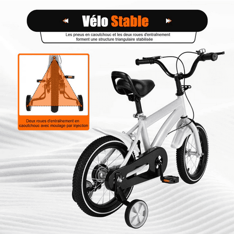 Vélo Enfant 14 Pouces – Cadre Acier, Roues Stabilisatrices, Frein à Main Et Rétropédalage, Selle Réglable, Pour 3-6 Ans