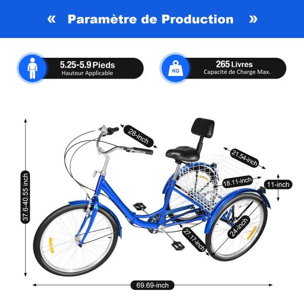 Tricycle pliable pour adultes 24 pouces tricycle pour adultes 3 roues 7 vitesses avec panier à provisions tricycle vélos de ville（bleu）