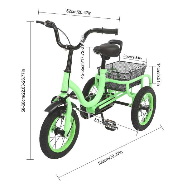 Grand Tricycle Enfant & Adulte Vert Clair 14" – Avec Panier, Guidon Réglable Et Selle Confortable