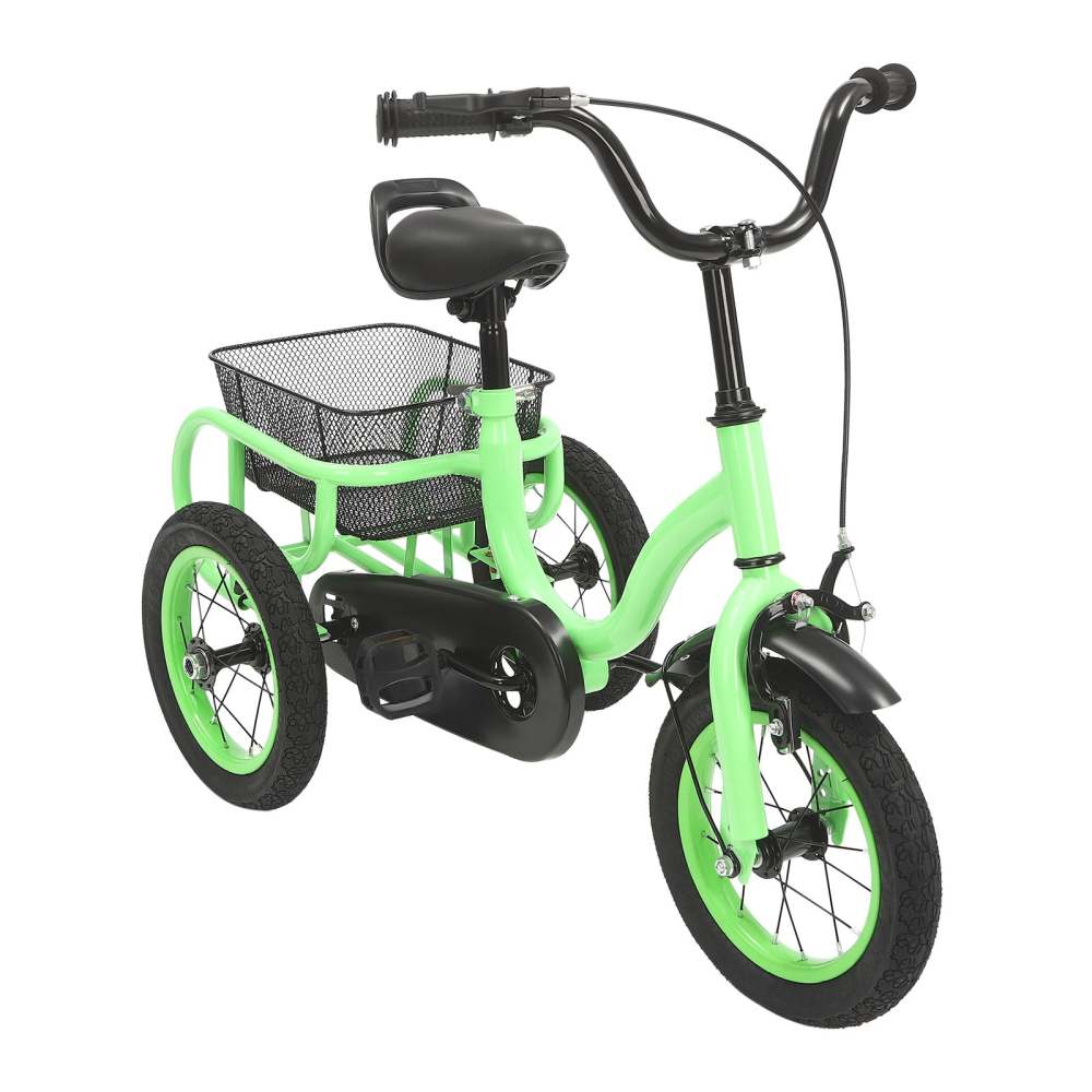 Tricycle 14 Pouces Avec Grand Panier – Vert Clair – Cadre Acier, Guidon Réglable – Pour Enfants 5-6 Ans – 50 Kg Max