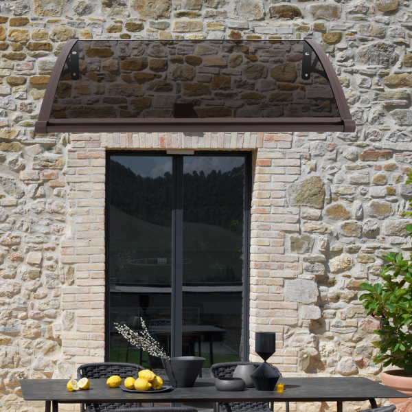 Abri de pluie en arc pour porte d'entrée 84 × 120 cm, abri de pluie en arc pour extérieur - Support marron + Abri marron